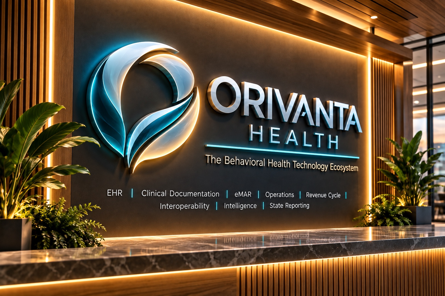 Orivanta Health reception wall with the illuminated Orivanta Health logo and tagline